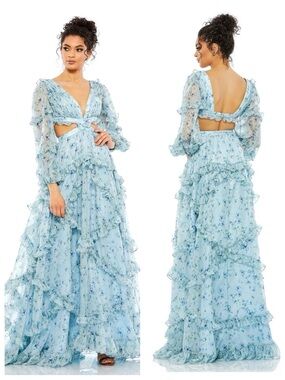 Mac Duggal | Blue Floral Ruffle Cutout Chiffon Maxi Gown Dress | Size 0 | NWT